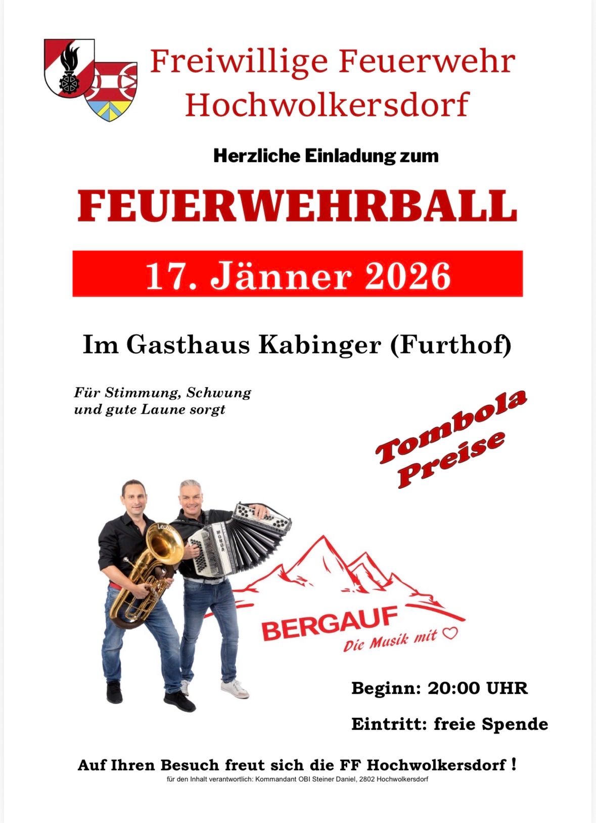 Einladung zum Feuerwehrball am 17. Januar 2026 im Gasthaus Kabinger in Furthof. Zwei Männer spielen Musikinstrumente. Der Text lautet 'Für Stimmung, Schwung und gute Laune sorgt.' Beginn um 20:00 Uhr.