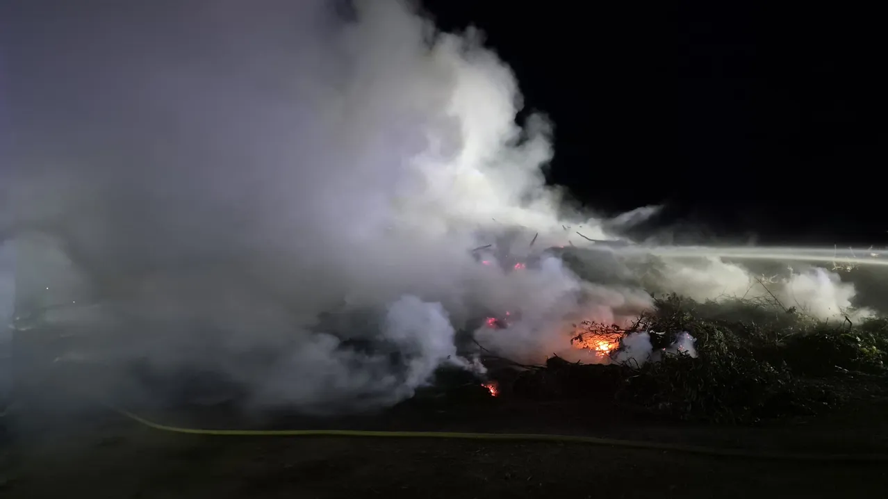Ein Feuer in der Nacht mit aufsteigendem Rauch, möglicherweise von einem brennenden Fahrzeug oder Müllcontainer.