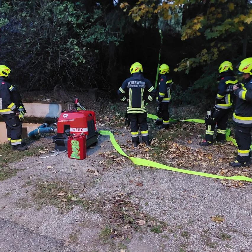Eine Gruppe von Feuerwehrleuten in voller Ausrüstung steht in einem Wald, einer hält ein rotes Objekt und andere halten gelbe Schläuche.