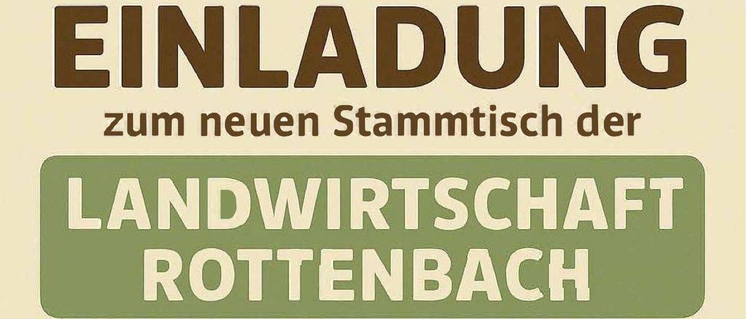 Werbeplakat für die Landwirtschaft Rottenbach Veranstaltung am 25. Juni, 19:30 bei GH Mauernböck. Es lädt Landwirte, Hobbylandwirte und diejenigen ein, die auf Bauernhöfen leben. Das Plakat zeigt Illustrationen eines Bauernhofs, der Sonne, einer Kuh, eines Schafs, eines Baums, eines Huhns und eines Mannes mit einer Mistgabel.