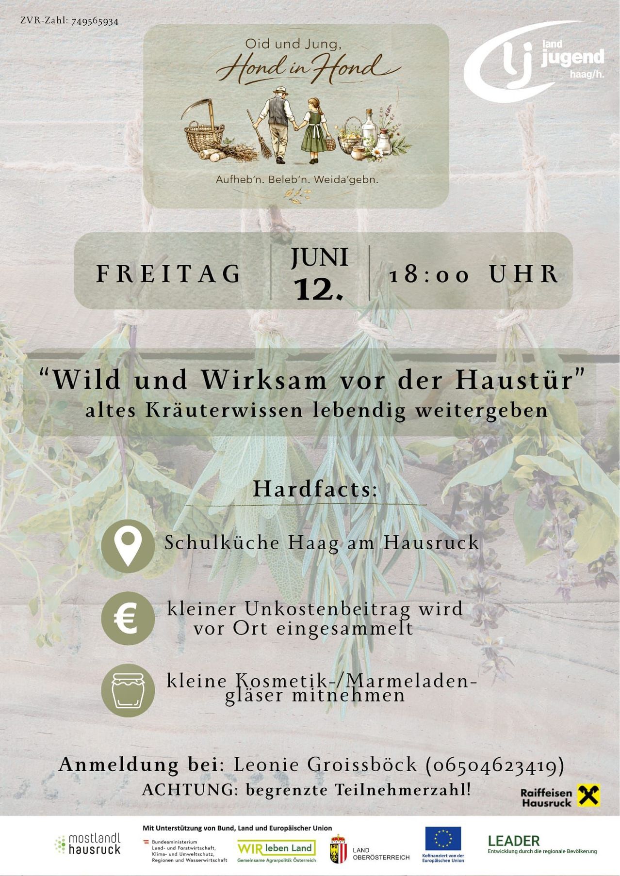 Ein Flyer für eine Kräuterveranstaltung am 12. Juni. Zeigt eine Karte, ein Geldsymbol und ein Glassymbol. Die Veranstaltung beinhaltet eine kleine Spende und ein kleines Glas zum Mitnehmen.