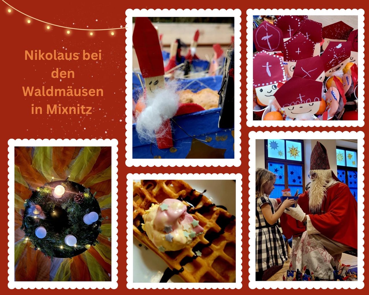 Vier Fotos zeigen Aktivitäten zum Sankt-Nikolaus-Tag. Eine blaue Spielzeugkiste, ein Waffel, Kinder mit Hüten und eine Adventskranz.