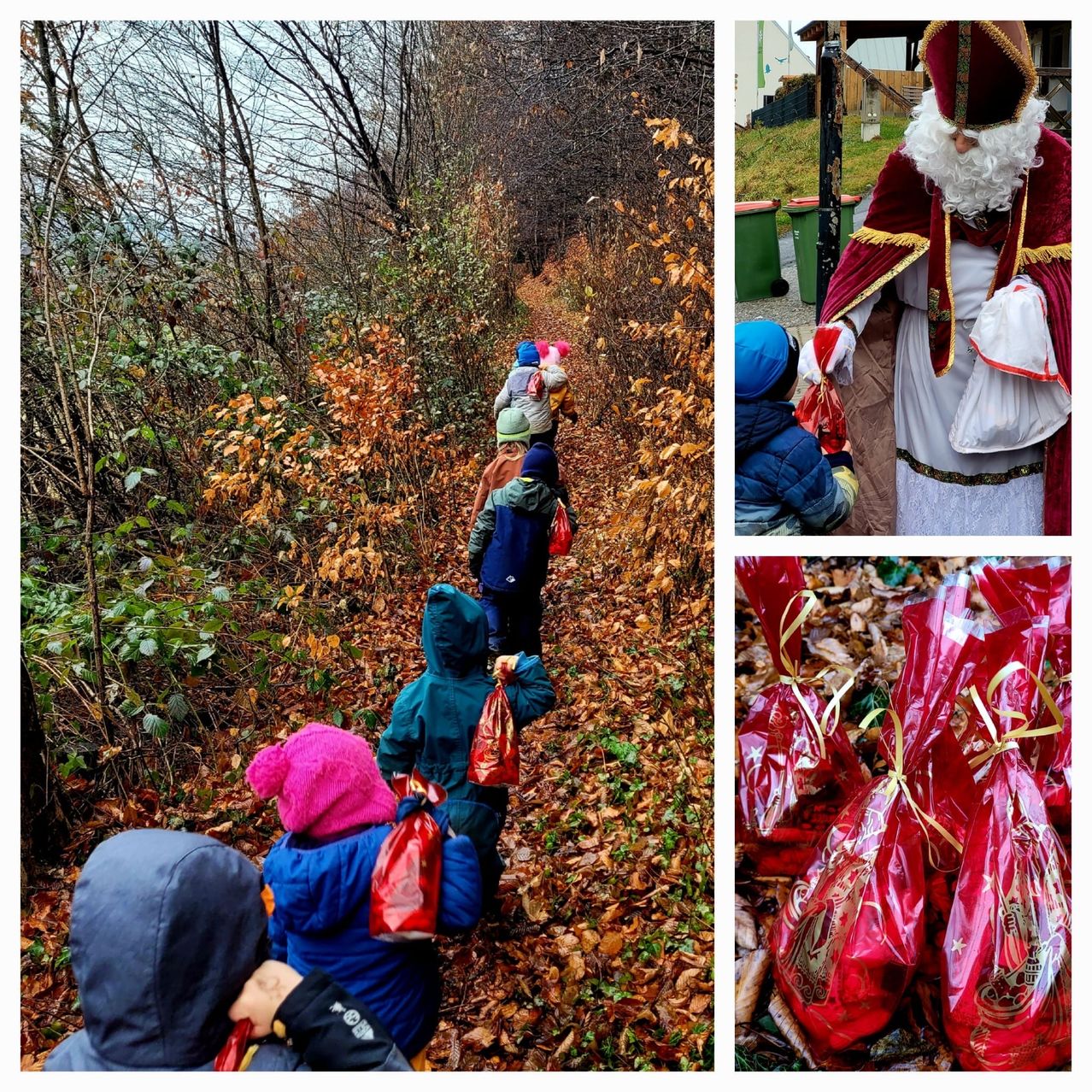 Kinder in Mänteln gehen auf einem Waldpfad. Der Weihnachtsmann gibt zwei Kindern rote Tüten.