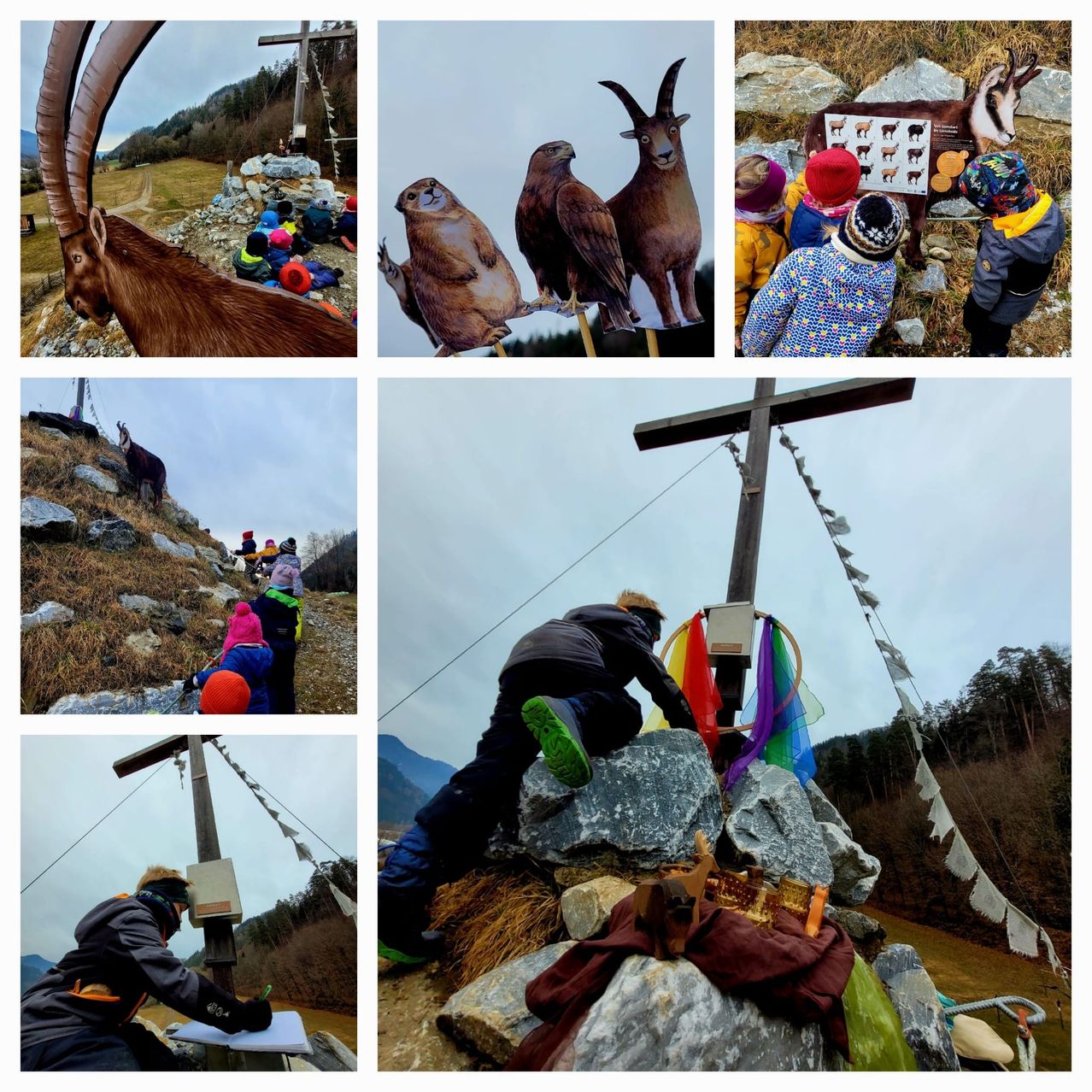 Eine Collage von Fotos mit Tieren und Kindern. Ein Bild zeigt Kinder in der Nähe eines Holzkreuzes, ein anderes zeigt einen Widder mit Hörnern. Eine Person schreibt auf Papier in der Nähe eines Pfostens.