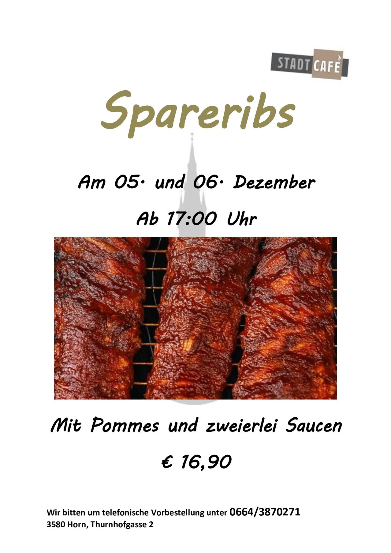 Poster für Spareribs mit Preis, Datum und Uhrzeit. Drei gegrillte Rippchen auf einem Grillrost mit Saucen.