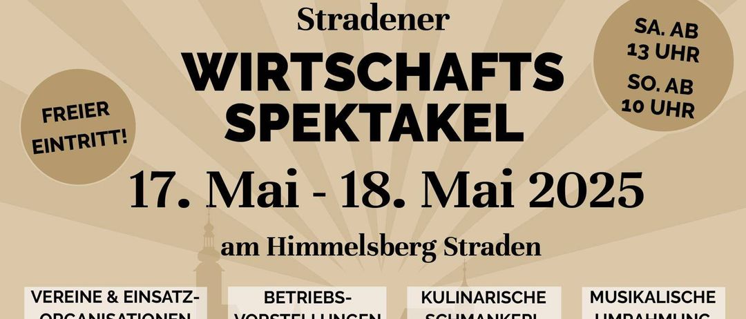 Stradener Wirtschaftsspektakel am 17.-18. Mai 2025 am Himmelsberg Straden. Bietet Präsentationen, kulinarische Köstlichkeiten, Musikprogramme und mehr.