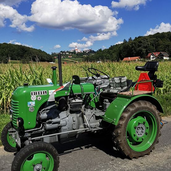 Bild enthält, Tractor, Vehicle, Machine, Wheel, Lawn Mower, Tire, Nature, Outdoors, Bird
