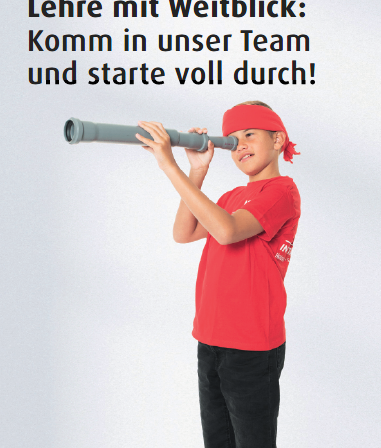 Werbung fur MS Installationen zeigt einen Jungen mit Teleskop und Text 'Lehre mit Weitblick: Komm in unser Team und starte voll durch!' mit Website-URL www.jobsderzukunft.at.
