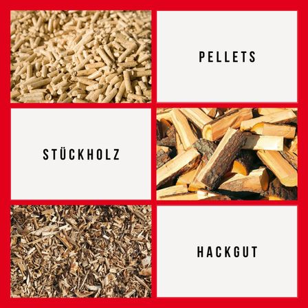 Eine Collage aus drei Bildern von Holzmaterialien. Oben links sind Pellets, oben rechts ist gehacktes Holz, unten links sind Holzspäne. Jeder Abschnitt hat ein Label mit 'PELLETS', 'STOCKHOLZ' und 'HACKGUT'.