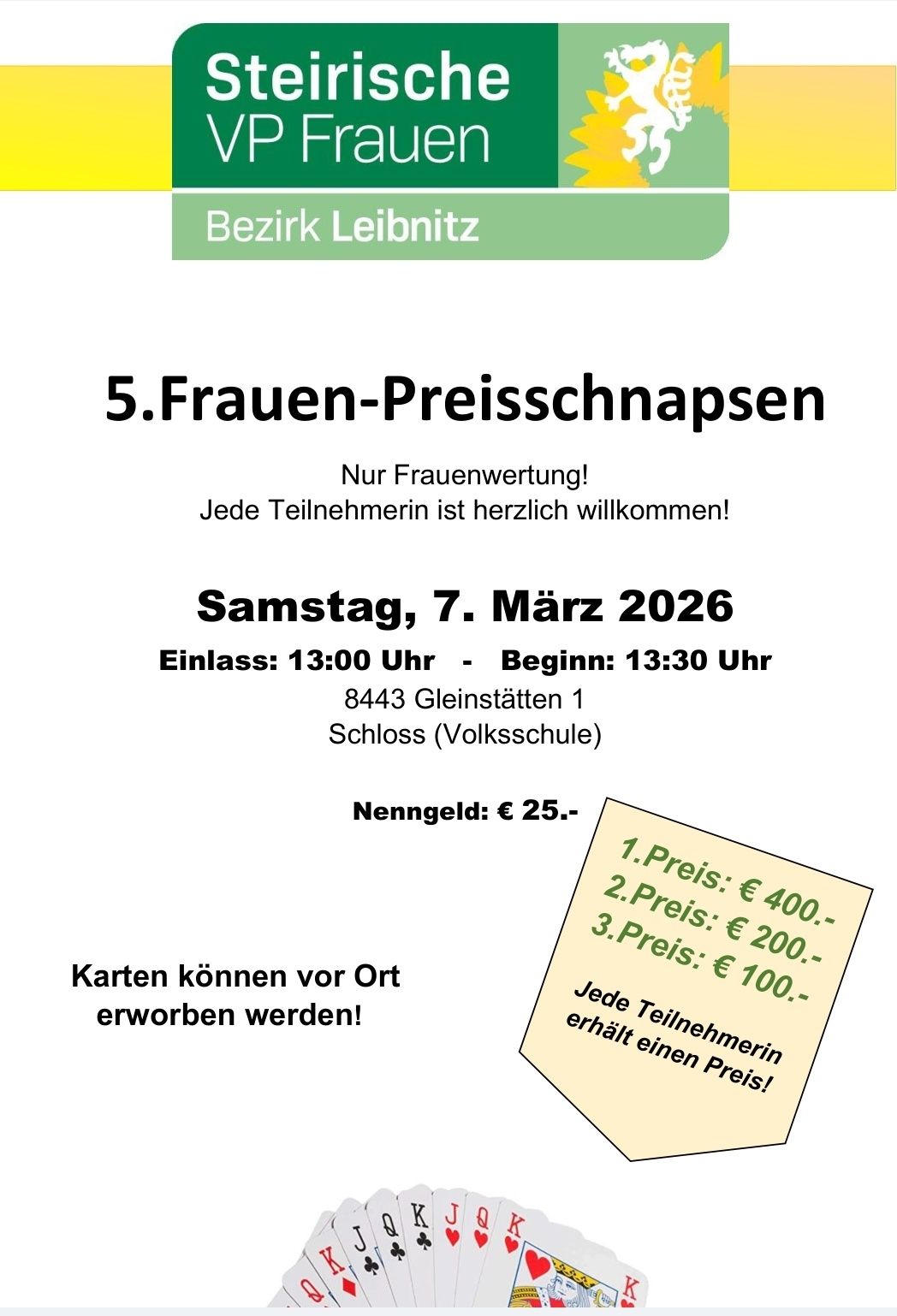 Poster for '5. Frauen-Preisschnapsen' on March 7, 2026, at Schloss (Volksschule). Admission is €25, with three prize categories: €400, €200, and €100. Tickets available at the venue.