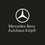 Autohaus Kröpfl - Mercedes Benz-Logo. Das Mercedes-Benz Logo ist auf einem schwarzen Hintergrund prominent dargestellt. Darunter steht der Name 'Mercedes-Benz Autohaus Kropf' in weißer Schrift.