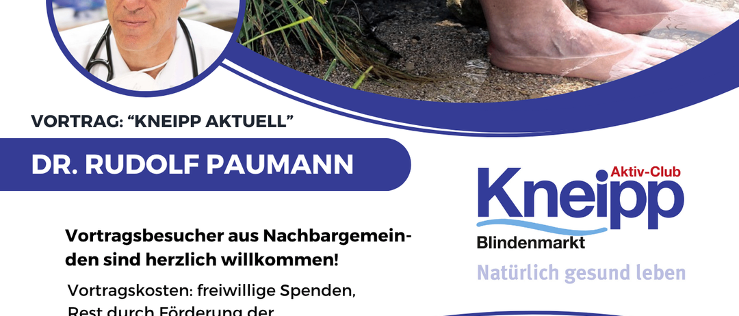 Ein Plakat für eine Veranstaltung mit Dr. Rudolf Paumann, der über 'Kneipp Aktuell' spricht. Das Plakat zeigt Füße im Wasser, mit einem Termin am 18. September 2025 um 19:00 Uhr.