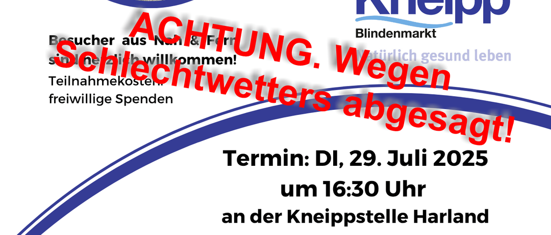 Plakat für eine Kneipp-Gesundheitsveranstaltung in Harland am 29. Juli 2025 um 16:30 Uhr. Zeigt einen Außenpool und ein Schild in Deutsch.