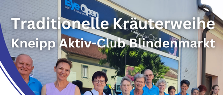 Plakat für Kneipp Aktiv-Club-Veranstaltung am 15. August 2026. Zeigt ein Gruppenfoto von lächelnden Menschen in blauen Shirts, einen Tisch mit Erfrischungen und einen Blumenstrauß.