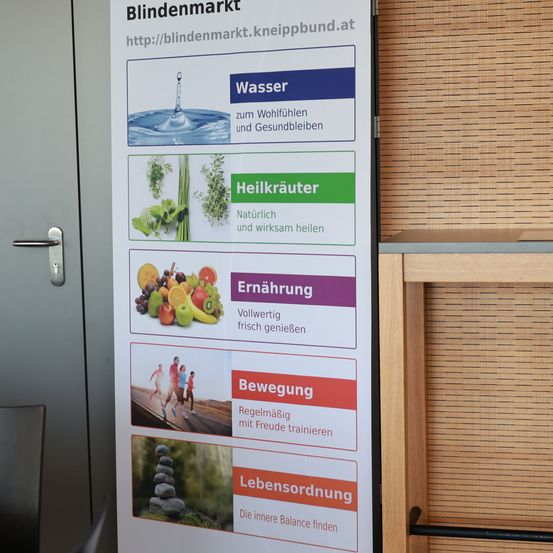 Ein Plakat mit dem Titel Blindenmarkt. Es hat eine Website-URL und fünf Kategorien: Wasser, Heilkräuter, Ernährung, Bewegung und Lebensordnung. Jede Kategorie hat ein Bild und eine Beschreibung.