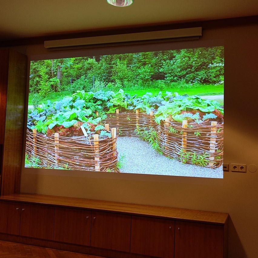 Eine Leinwand zeigt einen Garten mit drei Hochbeeten aus Weide geflochten, gefüllt mit grünen Pflanzen. Ein Kiesweg ist zwischen den Beeten zu sehen.