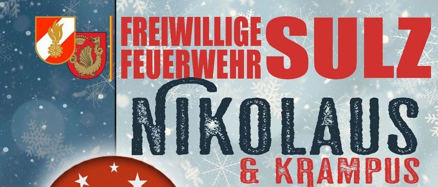 Plakat für Nikolaus und Krampus-Veranstaltung im Feuerwehrhaus Sulz am 05.12.2025 ab 15 Uhr. St. Nikolaus verteilt um 15:30 Uhr und nochmals um 17:30 Uhr Nikolaussäckchen. Kinder können ab 16 Uhr teilnehmen.