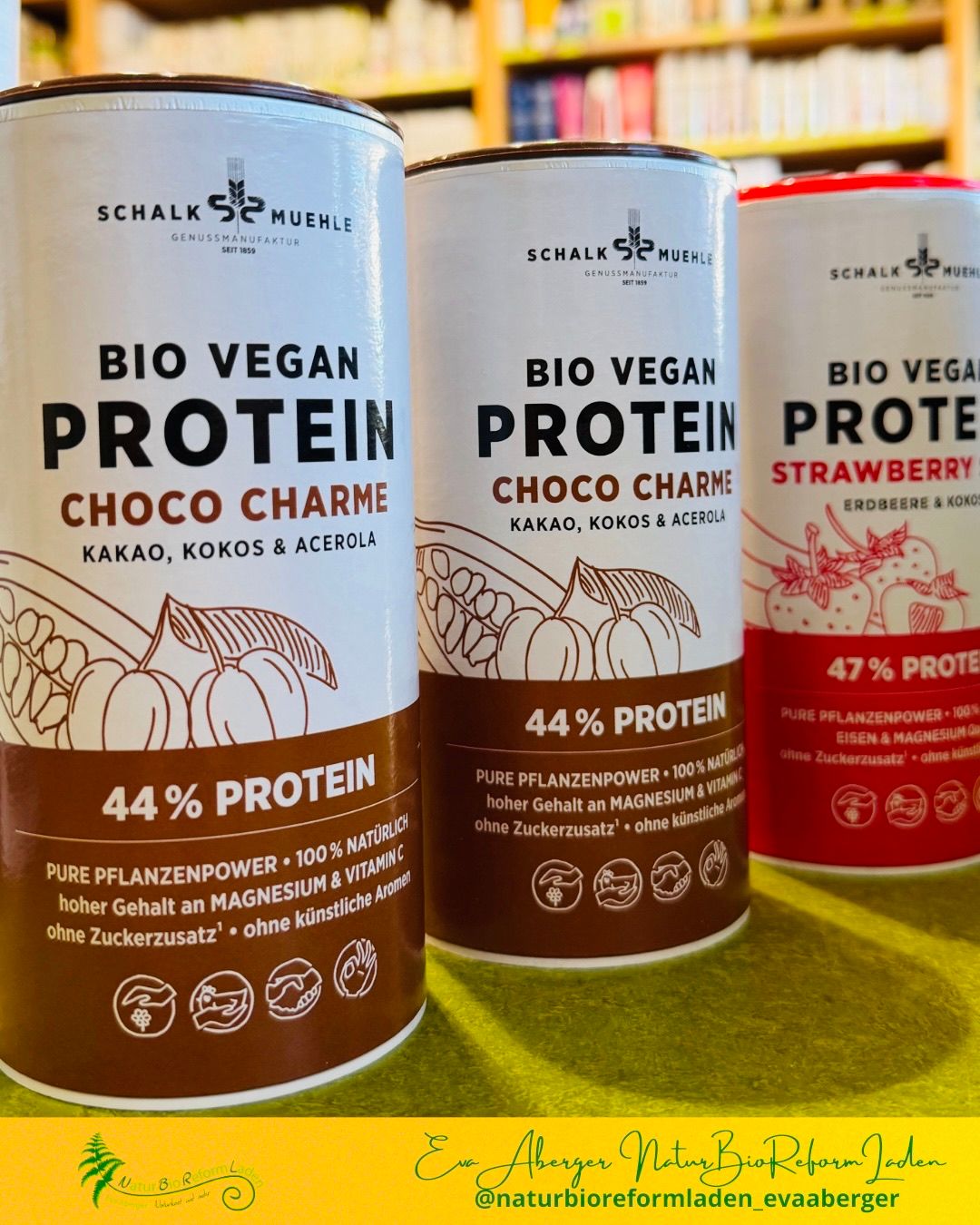 Three cans of BIO VEGAN PROTEIN by SCHALK & MUEHLE, each with different flavors. The flavors include Choco Charme, Choc Charme, and Strawberry. Each can contains 44% protein and is vegan.