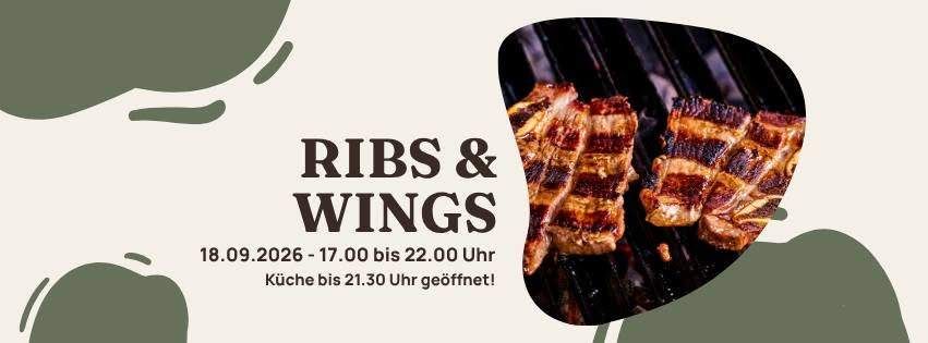 Werbung für Rippchen und Flügel auf einem Grill. Datum: 18.09.2026, Zeit: 17:00 bis 22:00 Uhr. Küche öffnet um 21:30 Uhr.