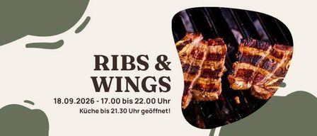 Werbung für Rippchen und Flügel auf einem Grill. Datum: 18.09.2026, Zeit: 17:00 bis 22:00 Uhr. Küche öffnet um 21:30 Uhr.