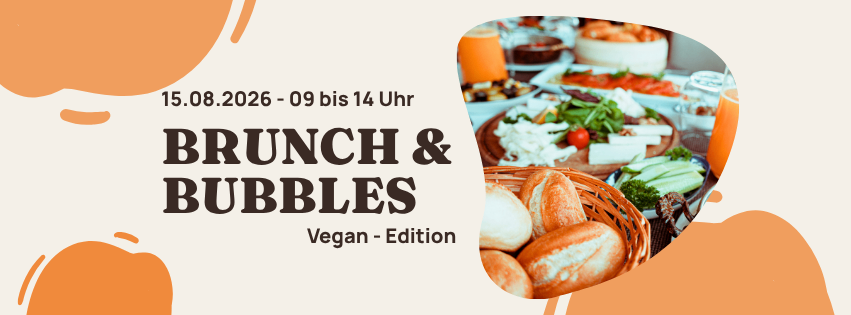 Ein Plakat, das eine vegane Brunch- und Bubbles-Veranstaltung am 15. August 2026 von 9 bis 14 Uhr ankündigt, mit einem Tisch voller verschiedener veganer Gerichte.