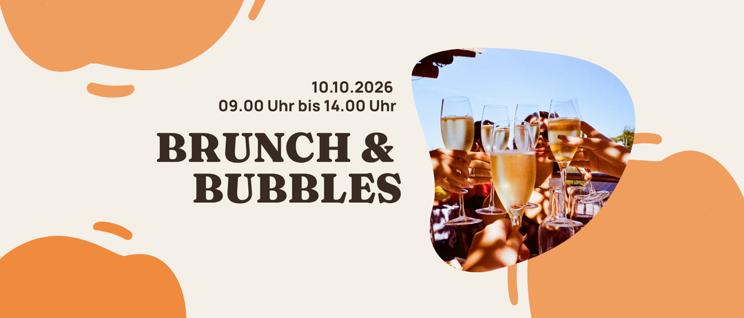 Ein Veranstaltungsplakat für 'Brunch & Bubbles' am 10.10.2026 von 09:00 Uhr bis 14:00 Uhr mit Menschen, die Weingläser halten.