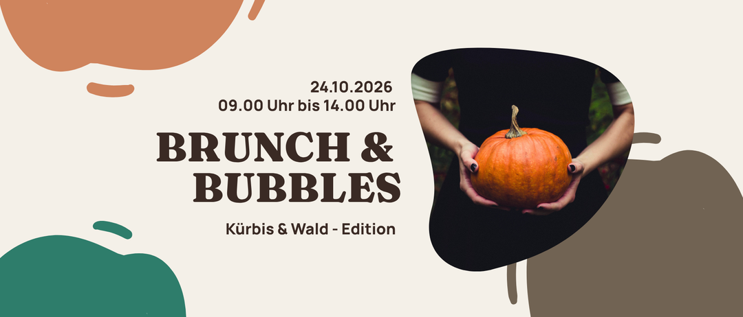 Plakat für ein Kürbis-Brunch-und-Bubbles-Event am 24.10.2026 von 09:00 Uhr bis 14:00 Uhr. Eine Person hält eine Kürbis in den Händen.