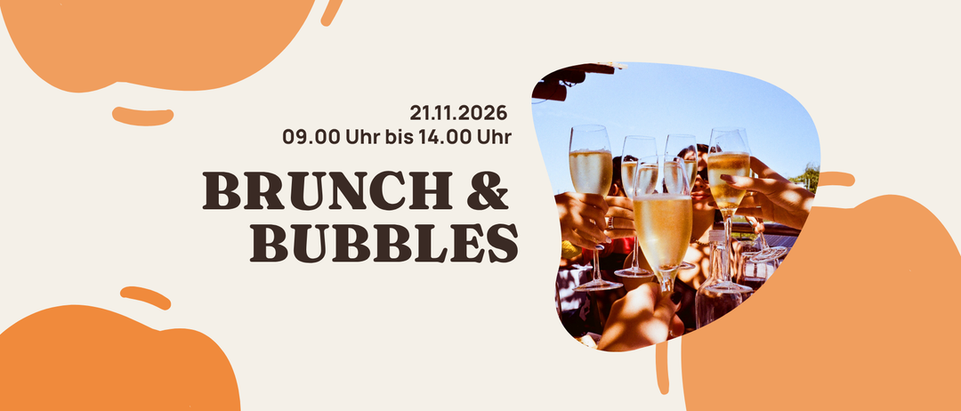Plakat für Brunch & Bubbles Veranstaltung am 21.11.2026 von 09:00 bis 14:00, mit Menschen, die mit Champagnergläsern anstoßen.