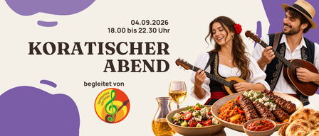 Ein Plakat für einen bayerischen Abend am 4. September 2026, mit einer Frau, die eine Gitarre spielt, einer Schüssel mit Essen und einem Weinglas.