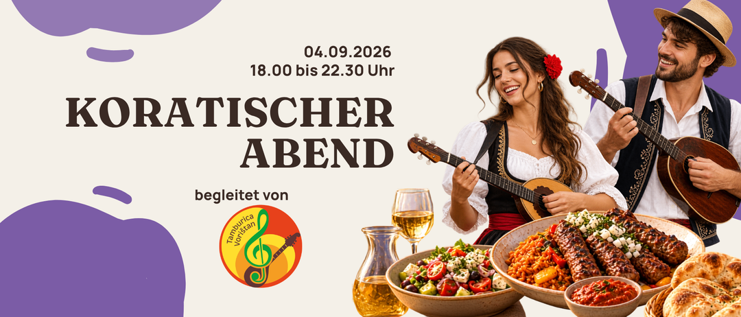 Ein Plakat für einen bayerischen Abend am 4. September 2026, mit einer Frau, die eine Gitarre spielt, einer Schüssel mit Essen und einem Weinglas.
