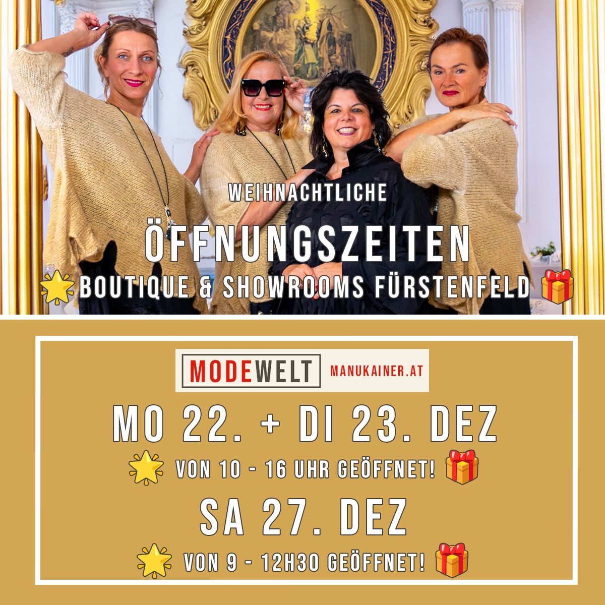 Ein Bild von vier Frauen vor einem Gemälde, das die Öffnungszeiten einer Boutique und Showrooms mit Daten und Zeiten bewirbt.