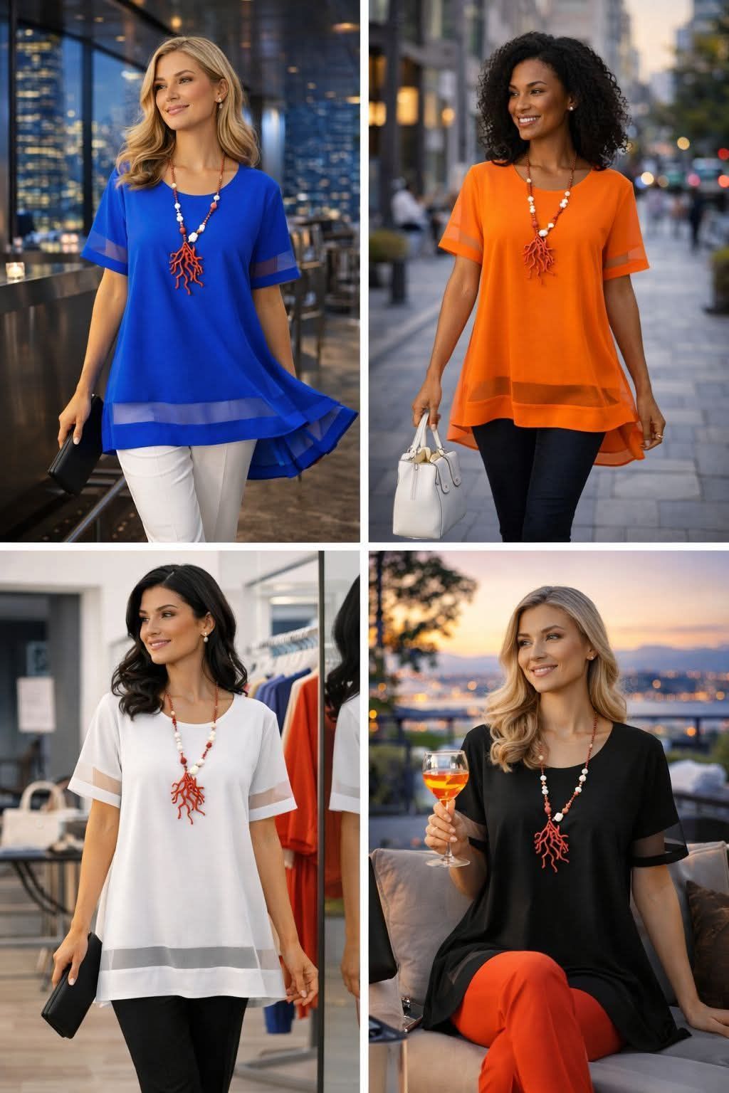 Four women wearing different colored blouses, all adorned with a red coral necklace. One woman holds a wine glass.