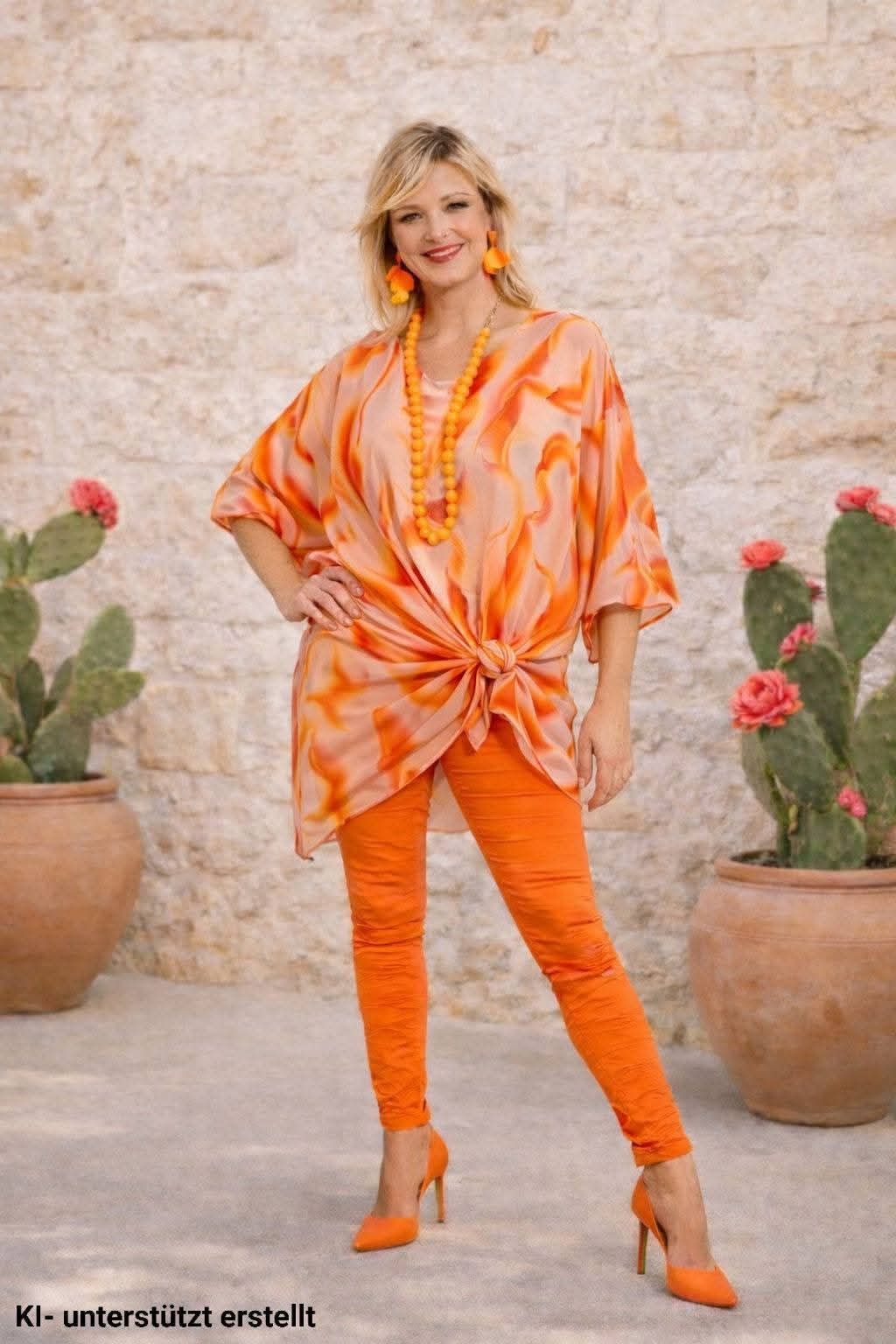 Eine Frau in einem orangefarbenen Outfit mit einem Batikmuster steht vor einer Steinmauer, lächelt und posiert für ein Foto. Sie trägt eine Halskette mit gelben Perlen. Hinter ihr sind zwei Topfpflanzen mit Kakteen und rosa Blüten zu sehen.