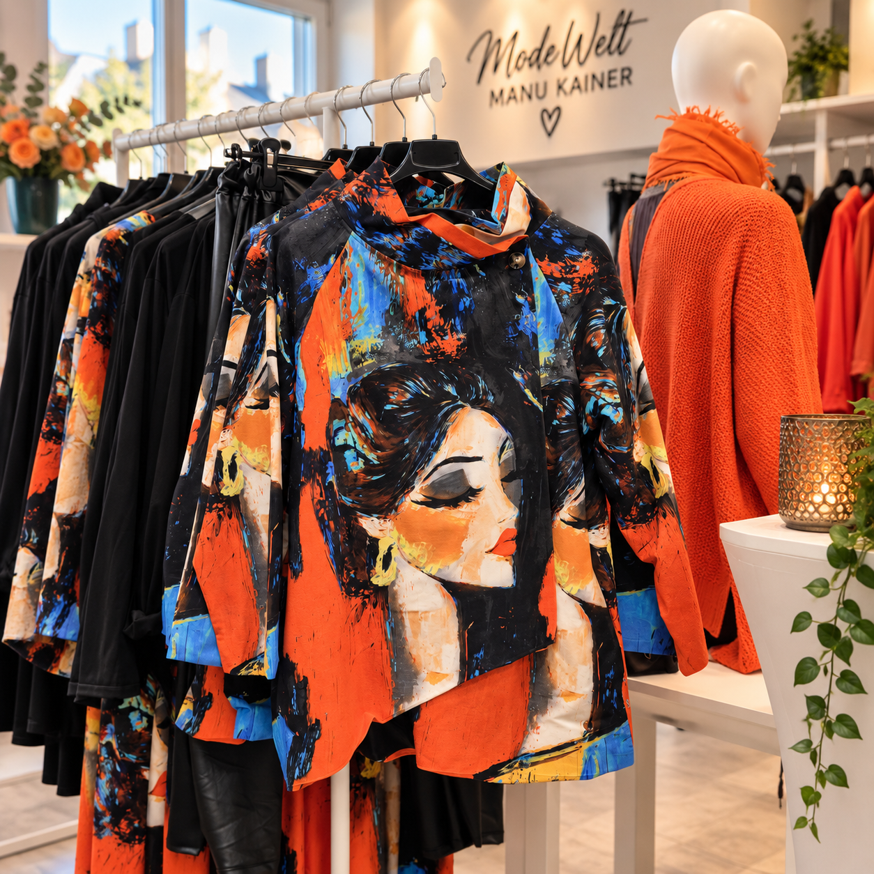 A clothing store displays a colorful jacket with a woman's face on it, along with other garments. A mannequin in an orange sweater stands nearby.