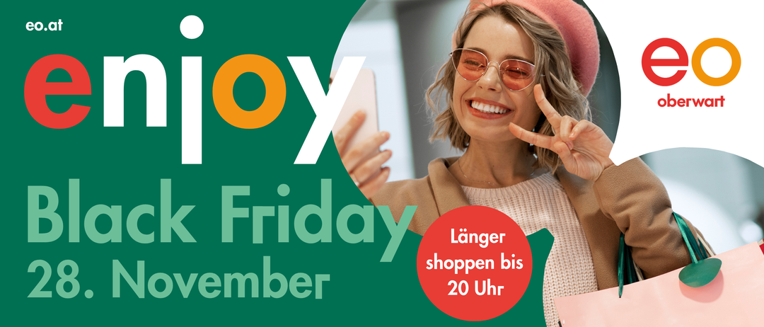 Werbeaktion für ein Shopping-Event auf grünem Hintergrund mit einer lächelnden Frau in Sonnenbrille, die ein Handy hält und ein Schild, das 'Länger shoppen bis 20 Uhr' sagt.