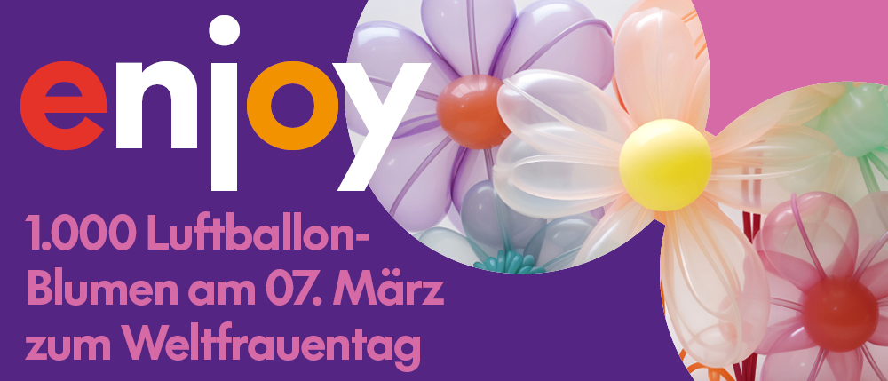 Plakat zum Weltfrauentag am 07. März mit einem bunten Luftballon-Bouquet. Das Wort 'nijoy' ist prominent in Weiß angezeigt.
