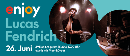 Ein Mann singt in ein Mikrofon auf einer Bühne mit Rauch und Lichtern. Der Text lautet VE auf der Bühne um 15:30 & 17:00 Uhr, mit Meet&Greet.