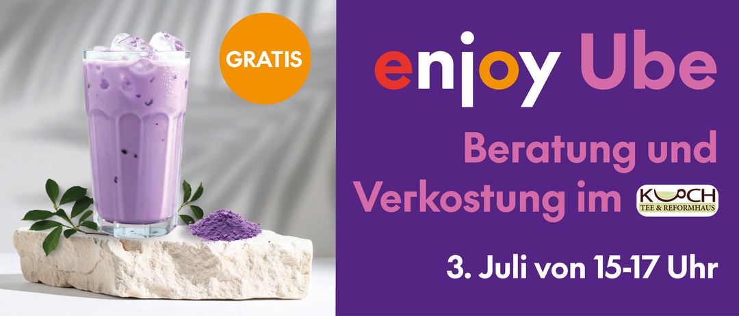 Bild mit einer violetten Substanz auf einem Steinblock, deutscher Text lautet 'enjoy' und 'Verkostung 3. Juli' mit einem orangefarbenen Kreis, der 'GRATIS' beschriftet ist.