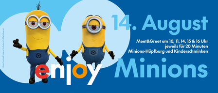 Eine Minion-Figur aus dem Film Ich - Einfach unverbesserlich steht vor einem blauen Hintergrund mit dem Text '14. A Meet&Greet Minions-Hüpf'.