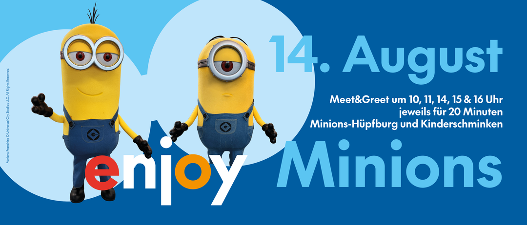 Eine Minion-Figur aus dem Film Ich - Einfach unverbesserlich steht vor einem blauen Hintergrund mit dem Text '14. A Meet&Greet Minions-Hüpf'.