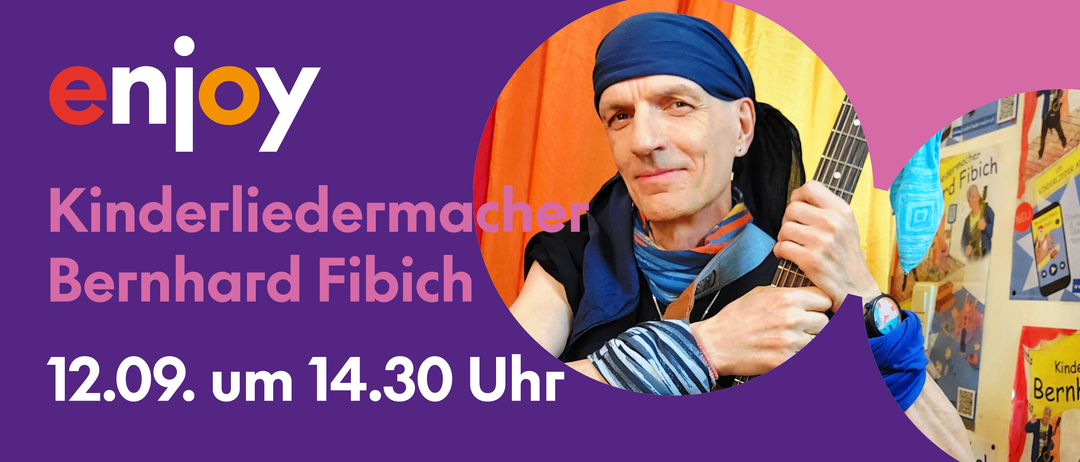 Ein Mann mit blauem Kopftuch und Schal lächelt in die Kamera. Der Text 'Dermacher Fibich 14.30 Uhr' steht auf einem lila Hintergrund.