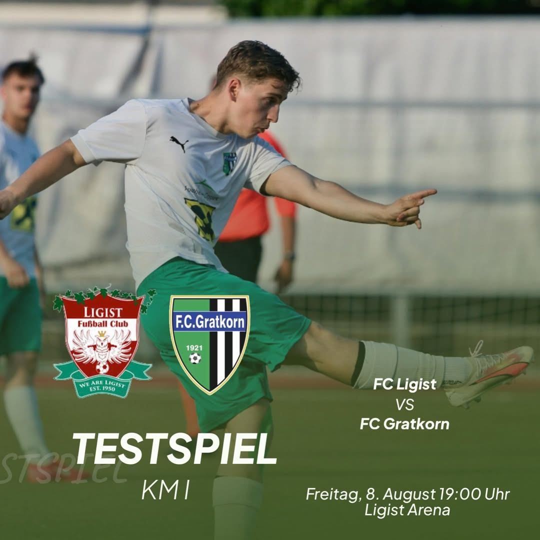 Ein Fußballspieler tritt mit dem rechten Fuß auf dem Feld. Zwei Logos für FC Ligist und FC Gratkorn sind angezeigt.