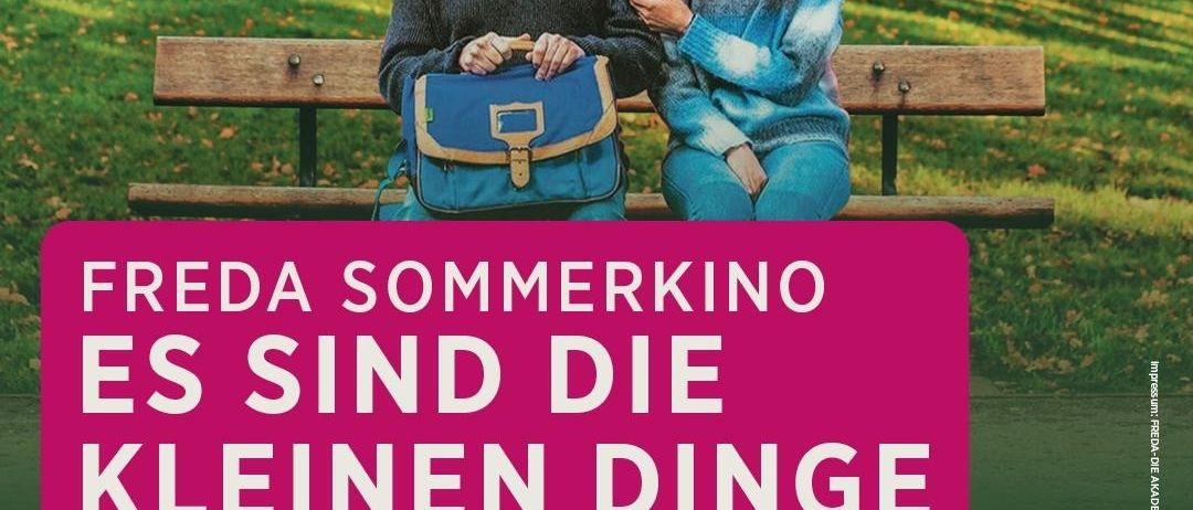 Plakat für Freda Sommerkino mit einem älteren Mann und einer Frau auf einer Bank mit einer blauen Tasche, in einem Park. Der Text lautet 'Freda Sommerkino Es sind die kleinen Dinge'. Der Termin ist Freitag, 4. September 2026, Beginn um 20:30 Uhr.