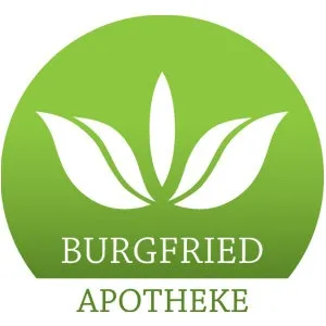 Ein grünes kreisförmiges Logo mit einem weißen Blumendesign. Die Worte 'BURGFRIED APOTHEKE' sind in weißer Schrift auf grünem Hintergrund geschrieben.