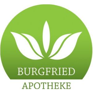 Ein grünes kreisförmiges Logo mit einem weißen Blumendesign. Die Worte 'BURGFRIED APOTHEKE' sind in weißer Schrift auf grünem Hintergrund geschrieben.