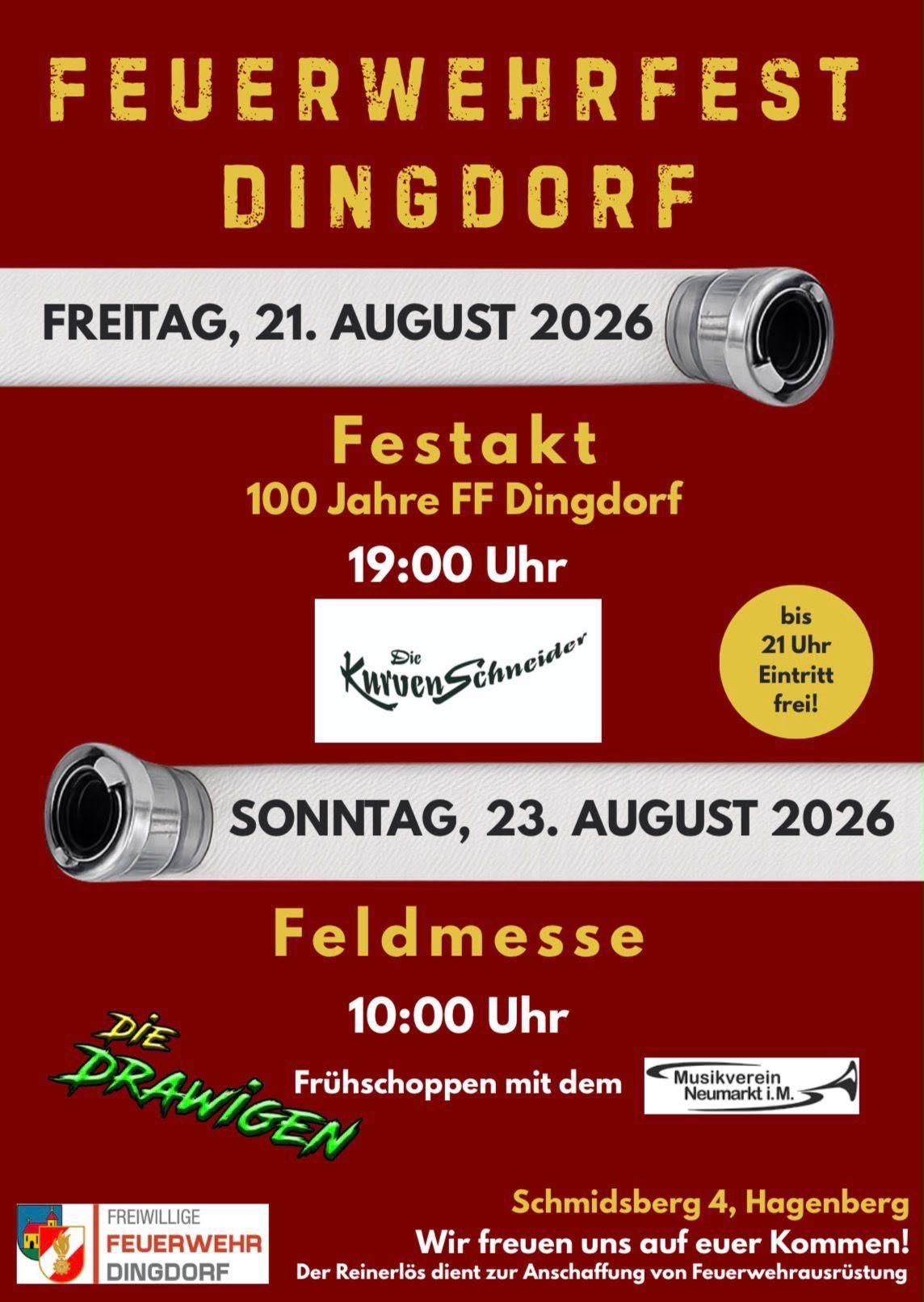 Plakat für Dingdorfs 100-Jahr-Feier. Beinhaltet zwei Veranstaltungen: Festakt am 21. August 2026 um 19:00 und Feldmesse am 23. August 2026 um 10:00. Der Eintritt ist bis 21 Uhr frei.
