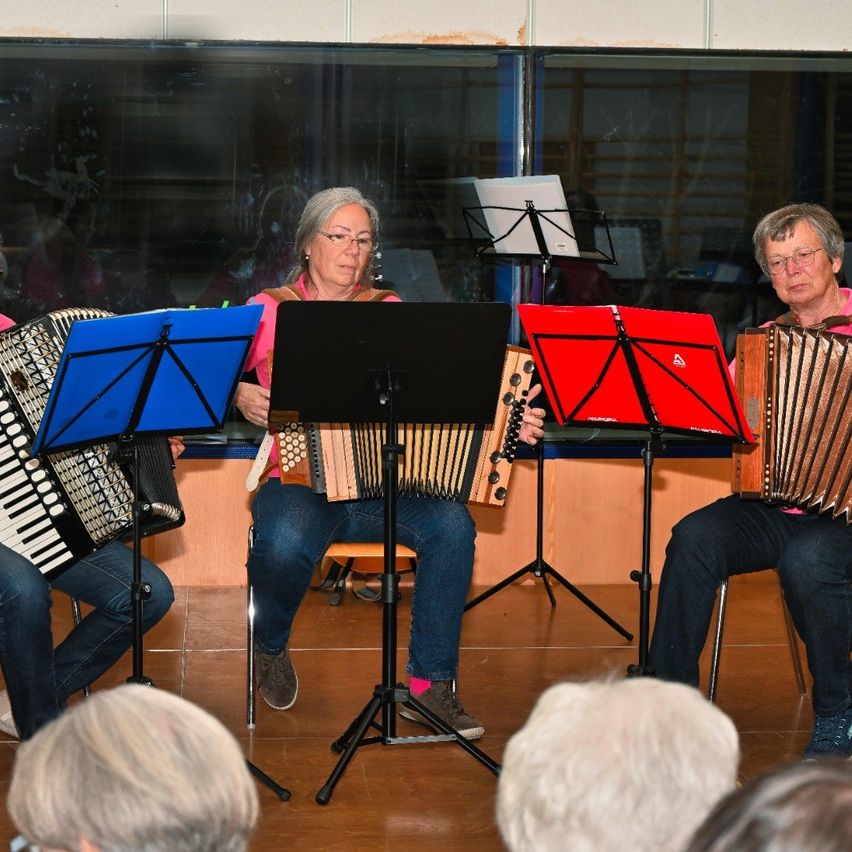 Drei Personen sitzen vor Notenständern und spielen Akkordeons in einem Raum mit einer Glaswand.