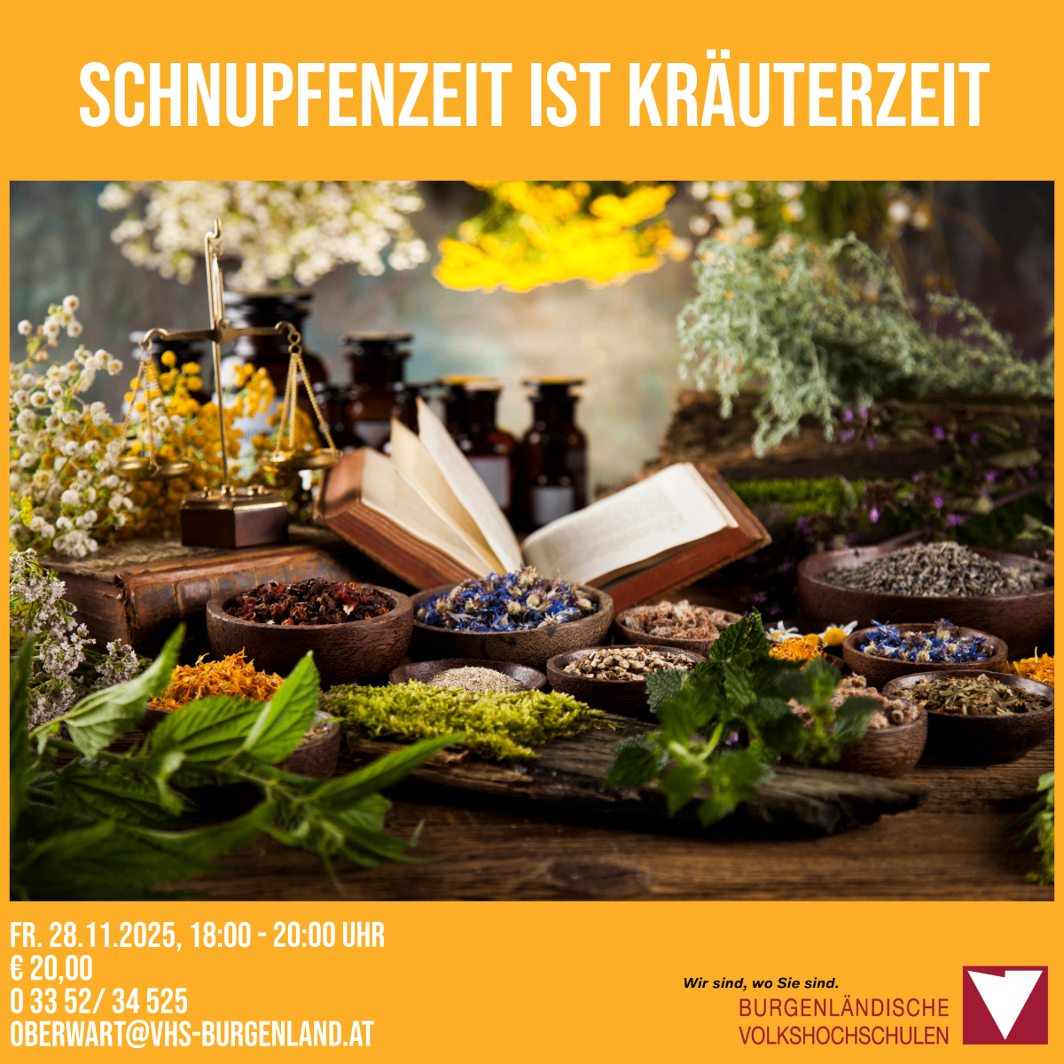A poster advertises a herbal workshop. Herbs, flowers, and bottles are on a wooden table. An open book and a scale are nearby. The date is November 28, 2025, from 18:00 to 20:00. The price is 20 euros. Contact details are provided.