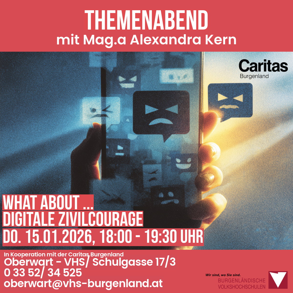 Eine Werbung für eine digitale Zivilcourage-Veranstaltung. Das Datum ist 15.01.2026, von 18:00 bis 19:30. Die Veranstaltung ist in Zusammenarbeit mit Caritas Burgenland. Kontaktdetails sind angegeben.