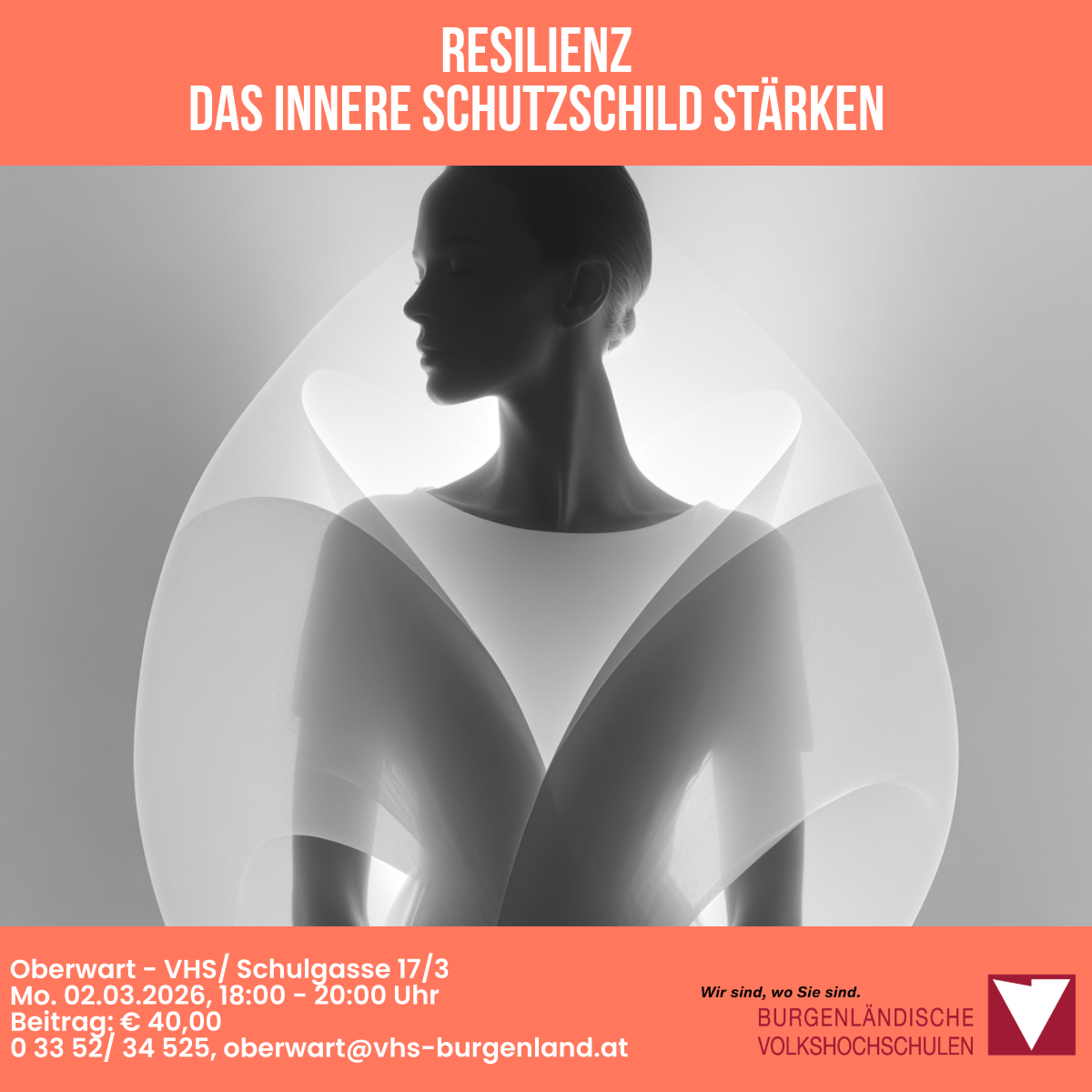 Poster for an event titled 'Resilienz'. It features a silhouette of a woman with an overlaying abstract design. Below, there is information about the event date, time, location, and contact details.
